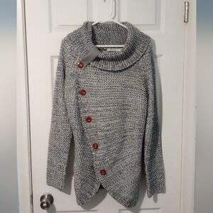 Elegant Gray Cowl Neck Sweater with Button Accents